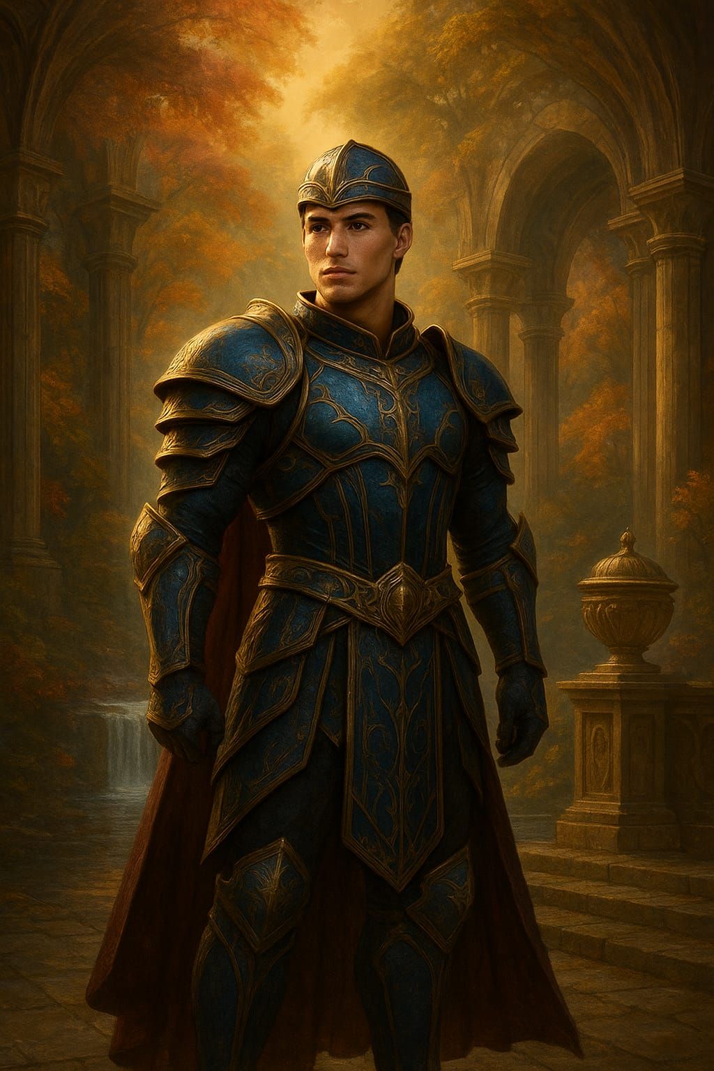 A young, handsome athletic male warrior stands heroically in an ancient fantasy hall surrounded by tall stone arches and warm autumn trees. ...