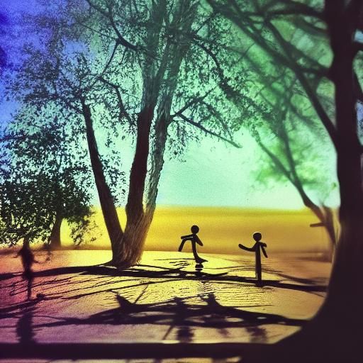 stick figures, trees, streets,