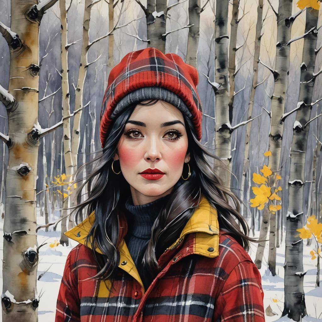 Beautiful woman with raven black hair and eyes, standing in a snowfield of freshly fallen snow and barren dark aspen trees w/hints of grass...