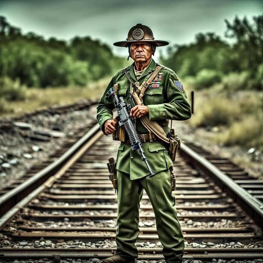 native american army colonel in green fatigues, standing on railroad tracks, firing m4 rifle.