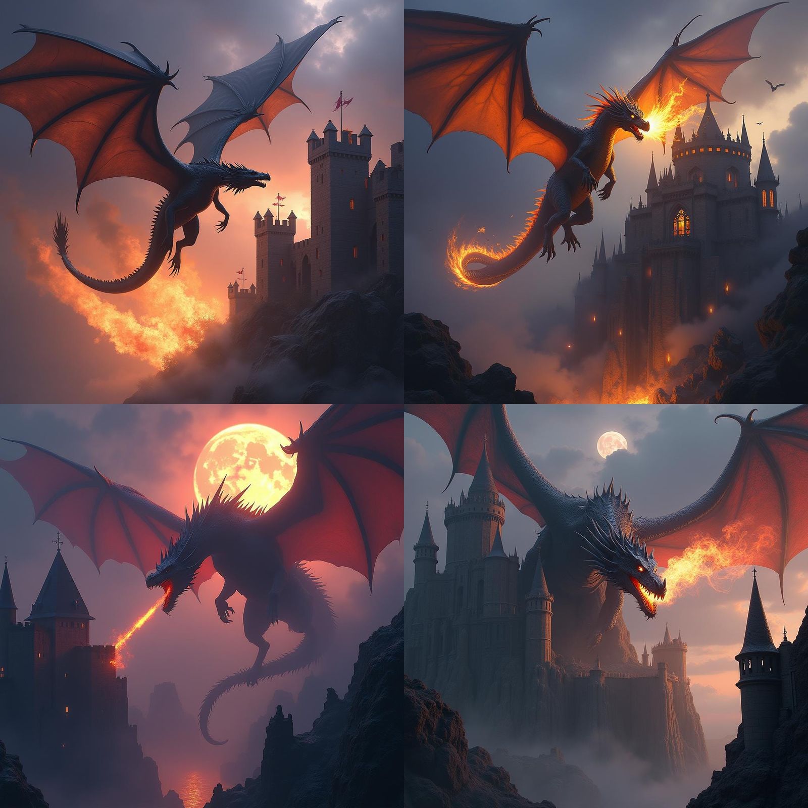 Dragon,breathing fire,flying, attacking a castle