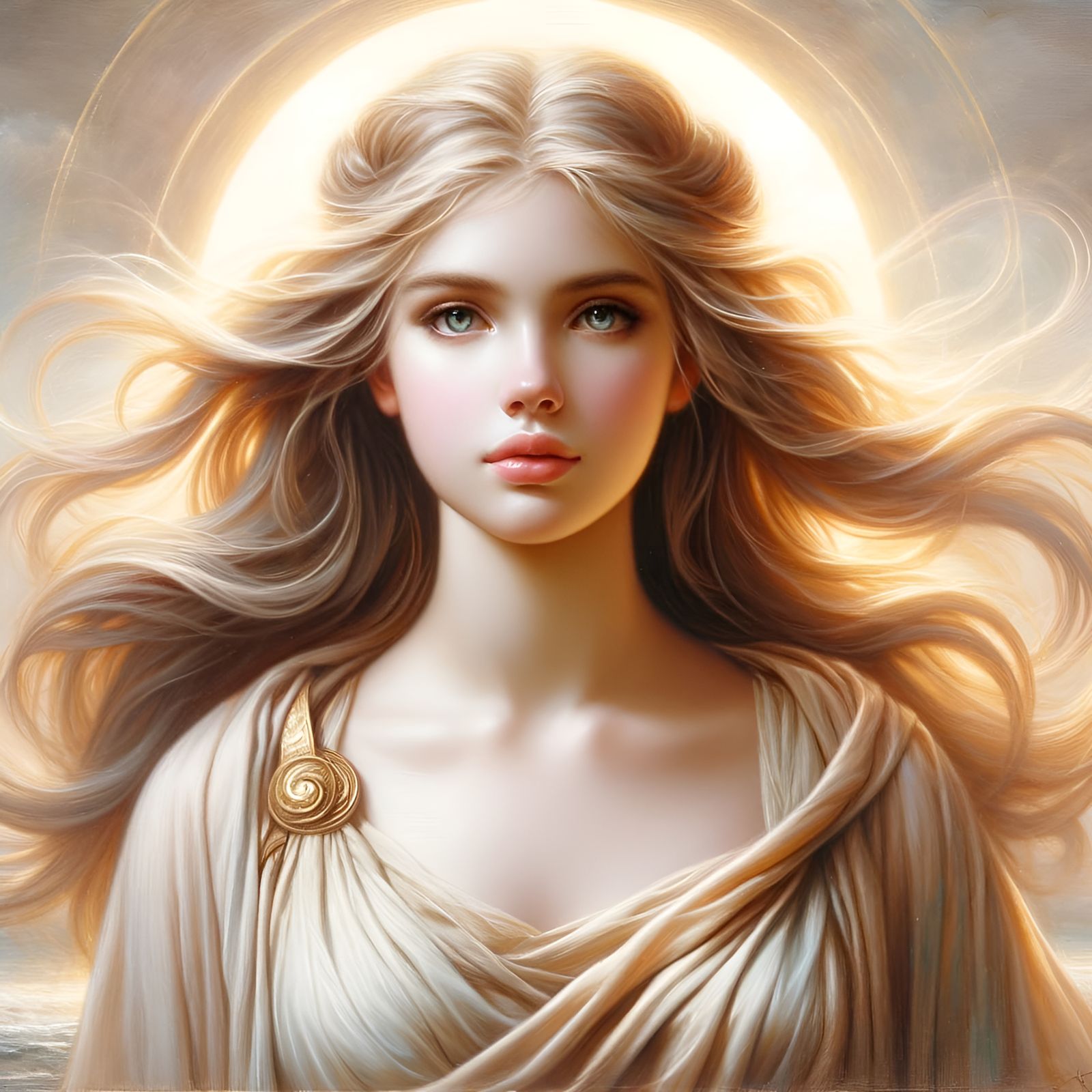 Oil painting of a mythical goddess that is youthful, with an air of timeless grace and beauty, her gaze should be captiv...