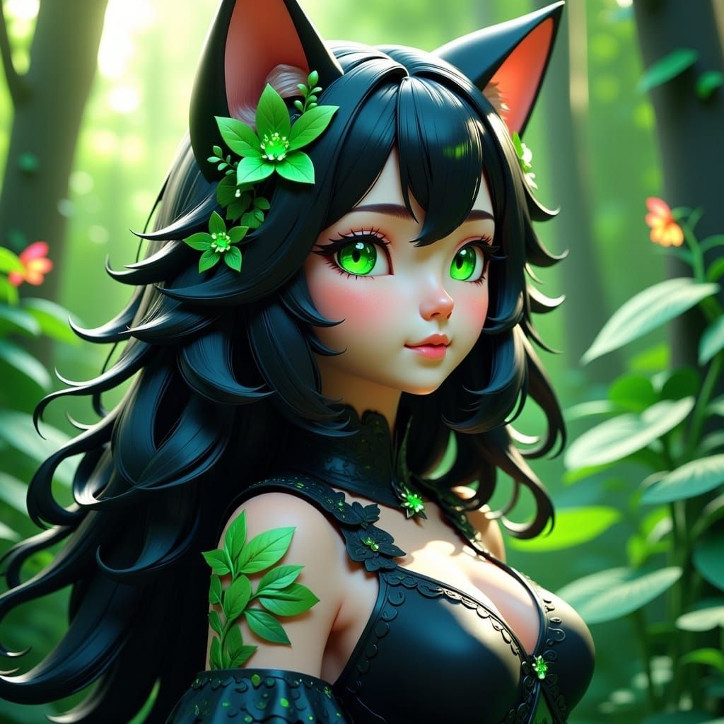 <lora:Anifutronica Fx:1.0>, cat girl, anthropomorphic cat girl, lush flora, green glowing flower eyes, long hair, detailed head and shoulder...