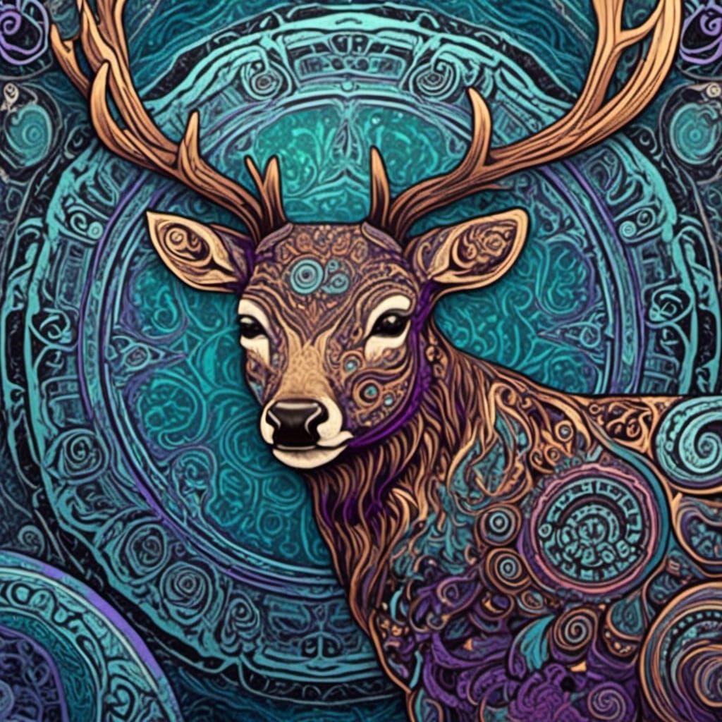 <lora:HaidaStyle:1.0> a deer in Black purple brown and teal Haida style 