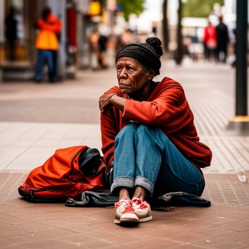 highly realistic photograph of a homeless woman sitting on a...