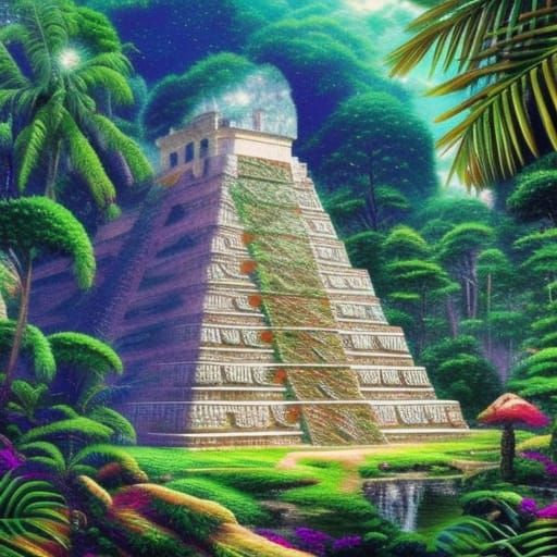 crystal Mayan temple in a lush  jungle