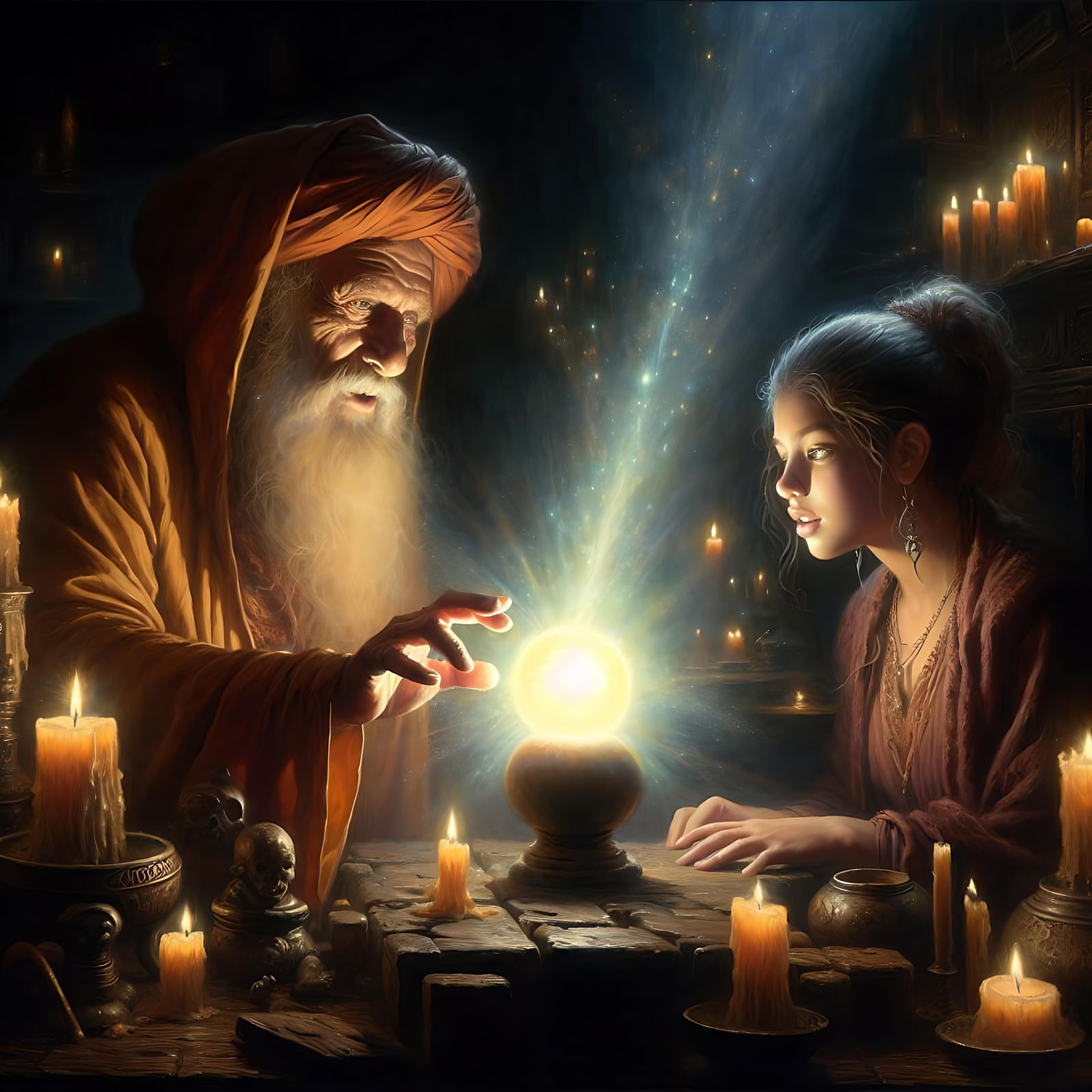 A Wise old Master Magician looks on as his Apprentice casts ...