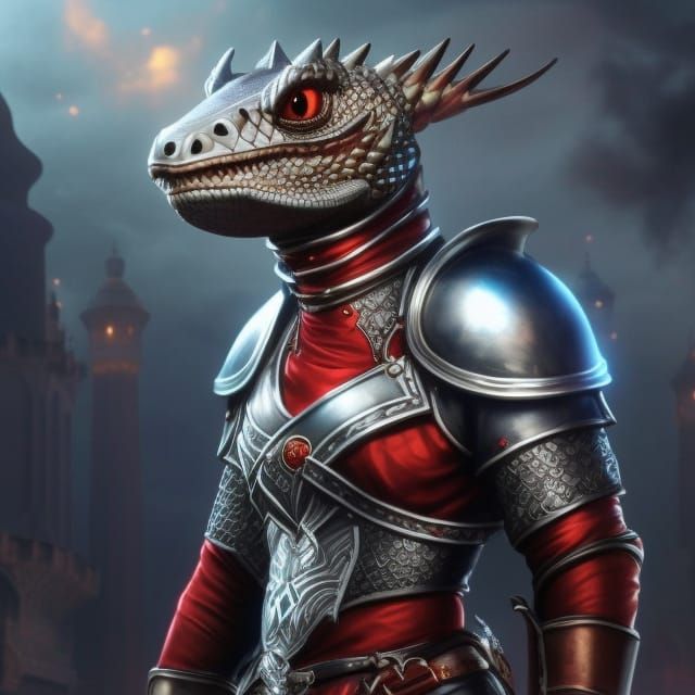 Lizard Warrior in Silver Armor, Digital Art