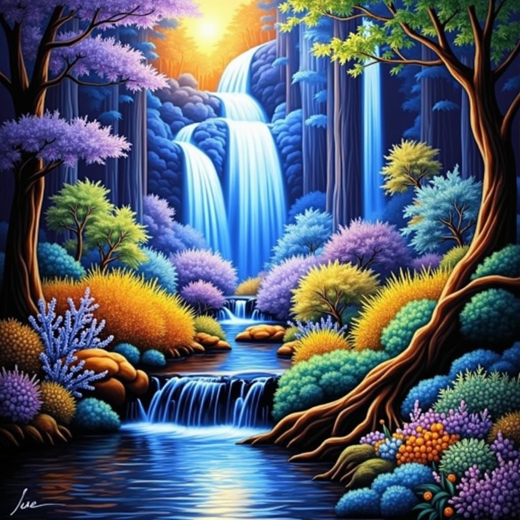 Beautiful creek running through evening forest, hints of pur...