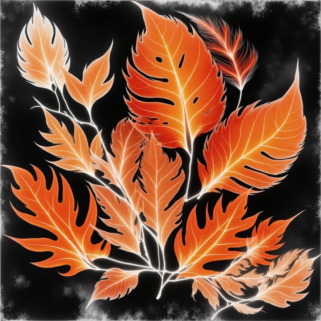 <lora:Autumn Graphic:1.0> Rayograph Photogram bright leaves of autumn