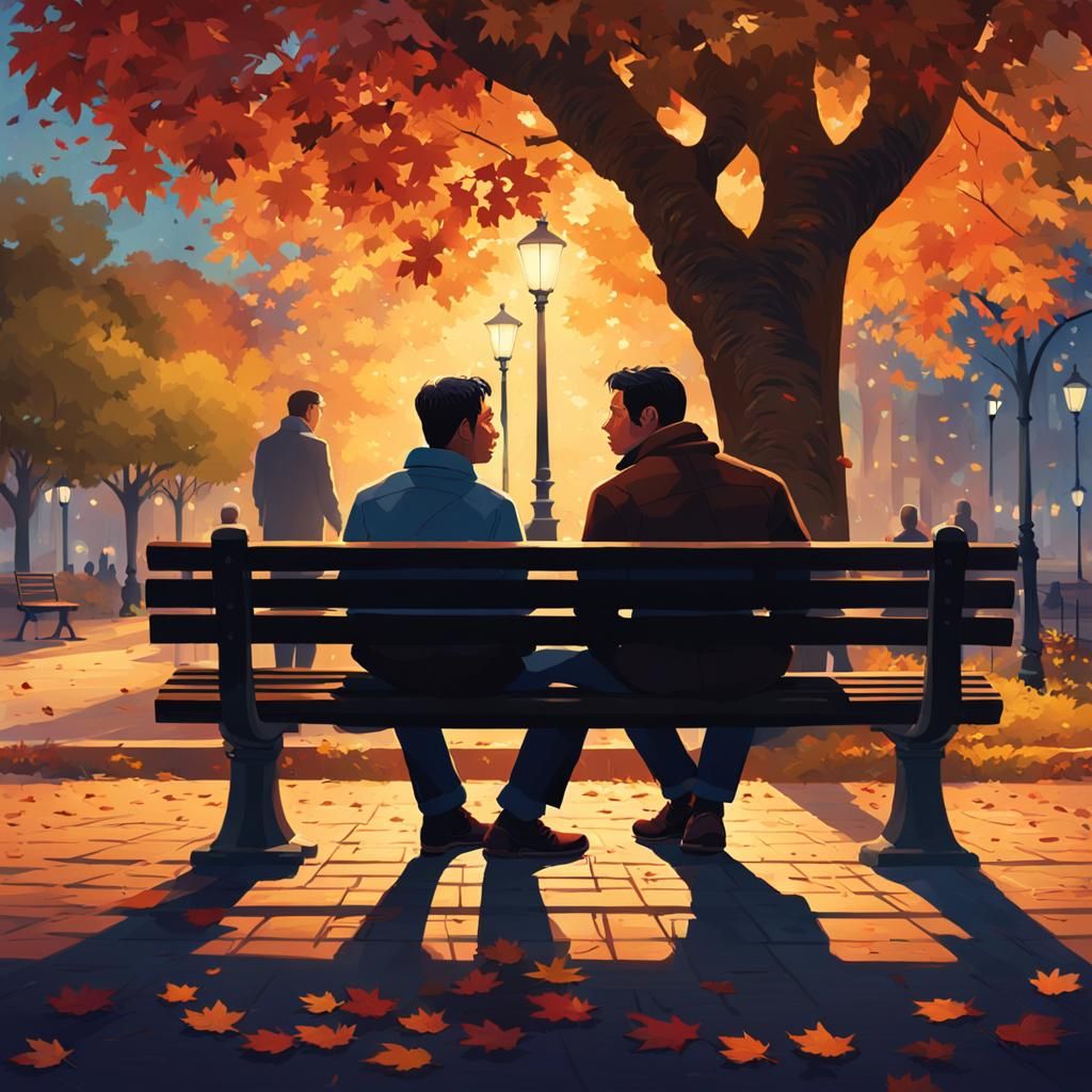 סצנה של שני גברים יושבים על ספסל בפארק בשעות הערב, כאשר הצללים שלהם מתמזגים עם צללים של עצים ופסלים סביבם...