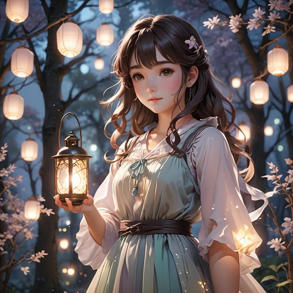 Anime Girl with Lantern in Enchanting Setting