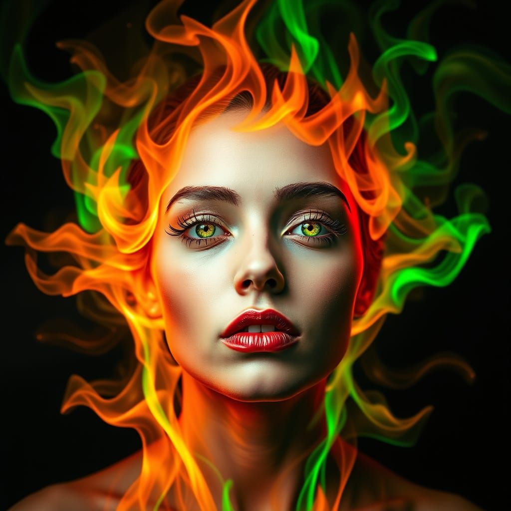 Front facing image of beautiful otherworldly face, artistically emerging from neon green and neon orange ...  by @whsimdesigns