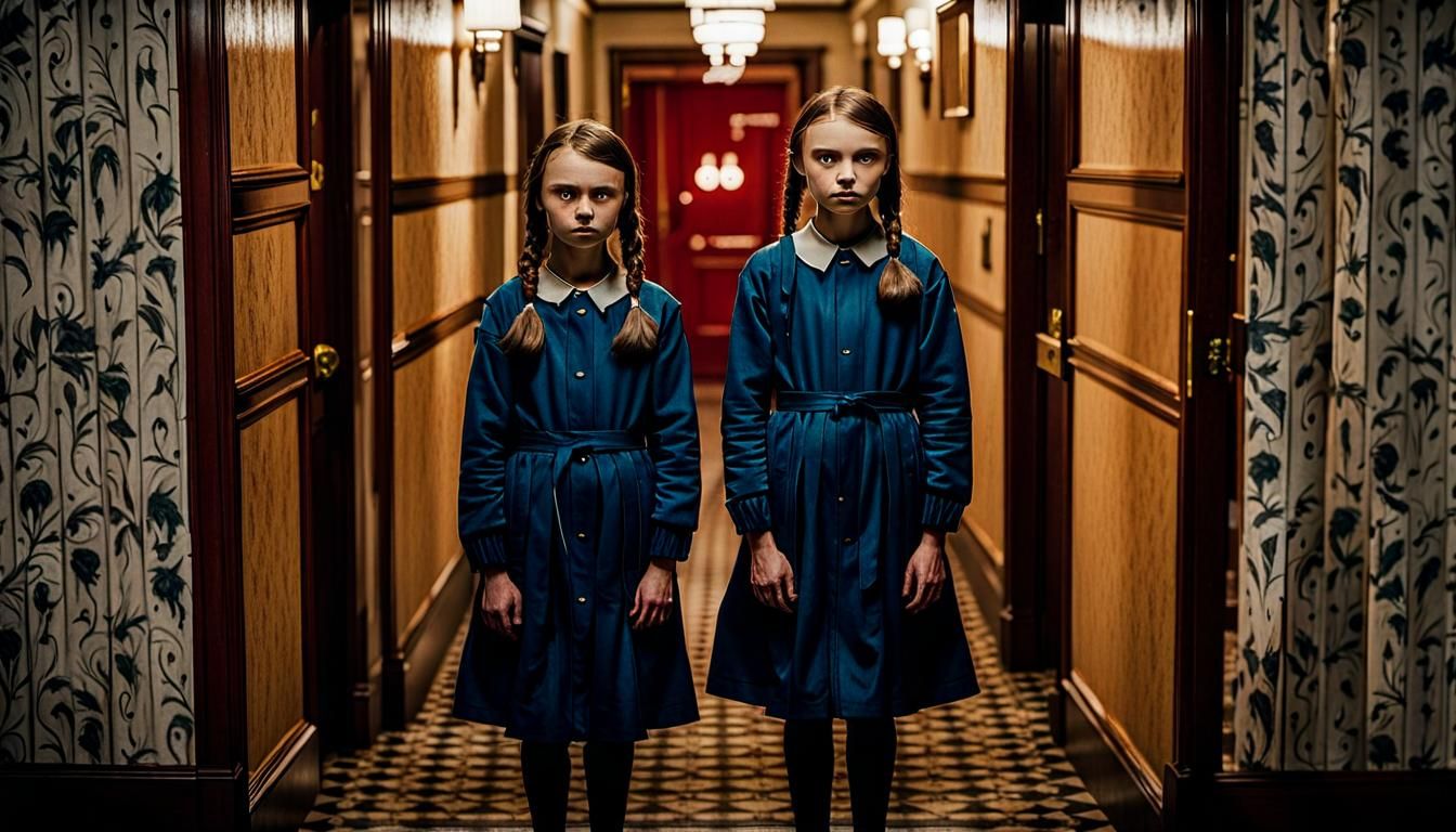 Twins from The Shining standing together in a hallway of an old hotel ...