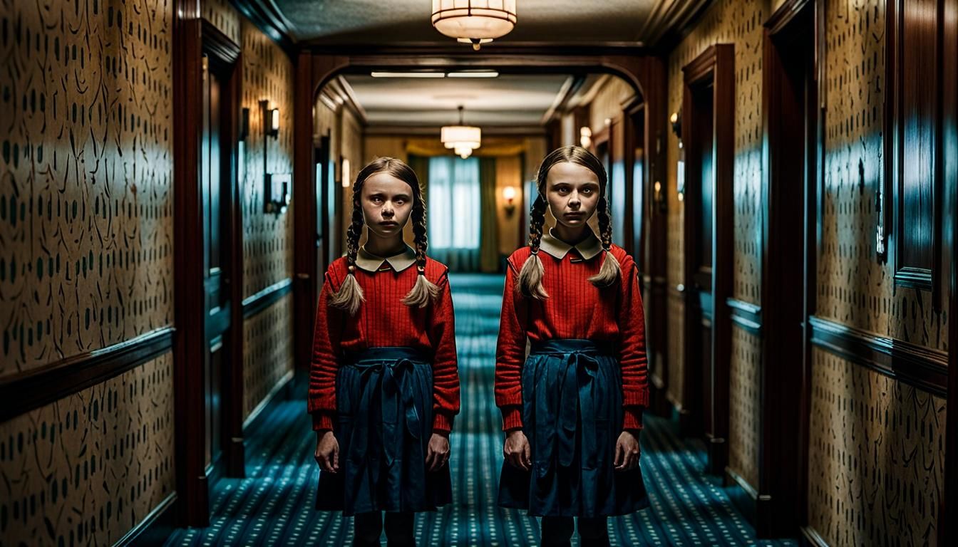 Twins from The Shining standing together in a hallway of an old hotel ...