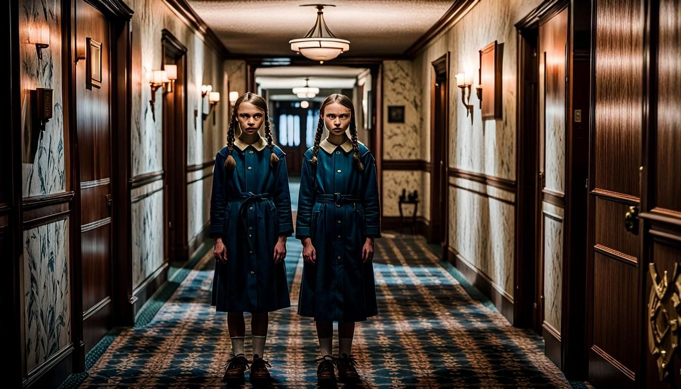 Twins from The Shining standing together in a hallway of an old hotel ...