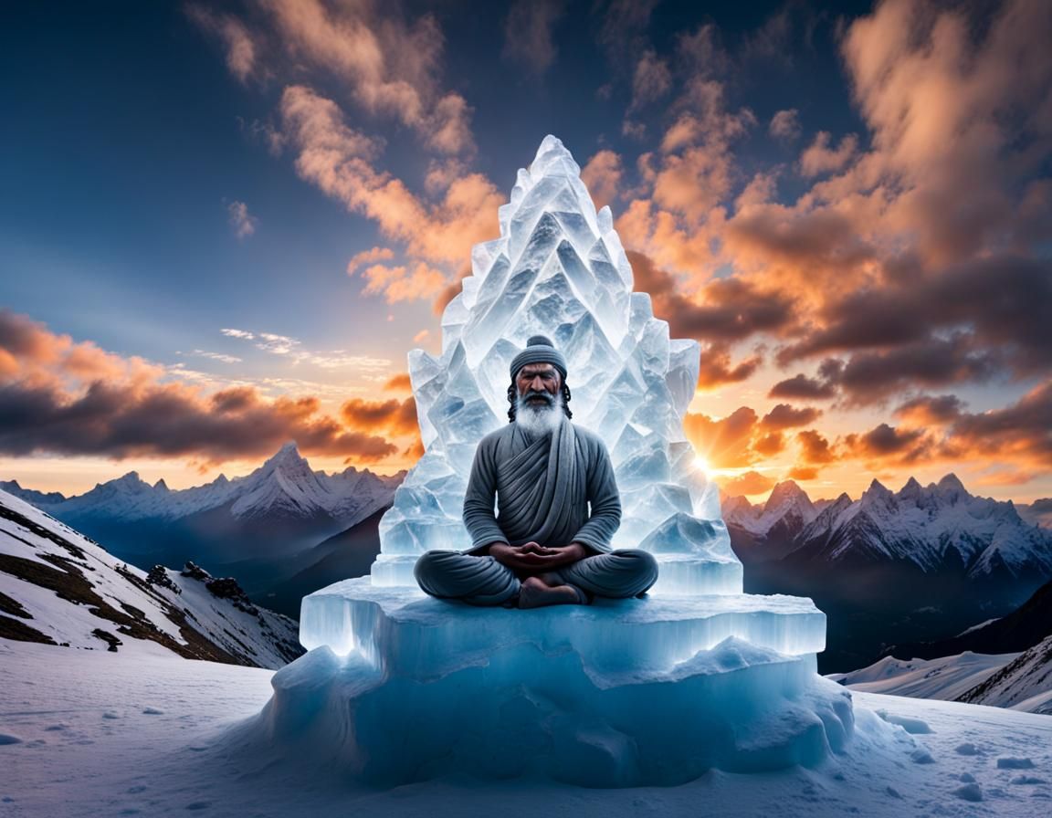 Intricate artistic Ice sculpture of a Himalayan yogi meditating on ...