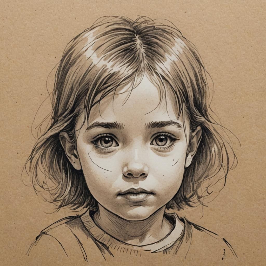 Sketch with a tip of pen a face of cute innocent little girl