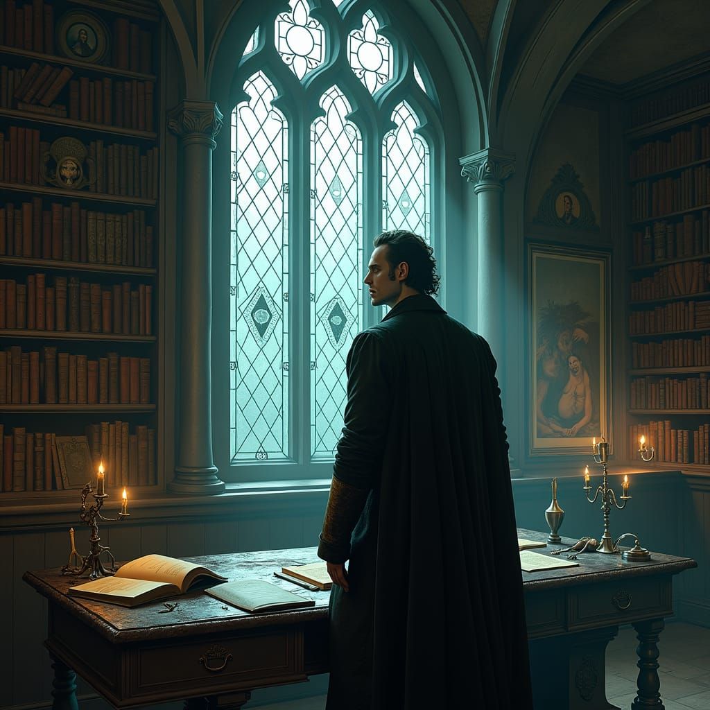 "A solitary, ancient vampire stands in a dimly lit, grand Go...
