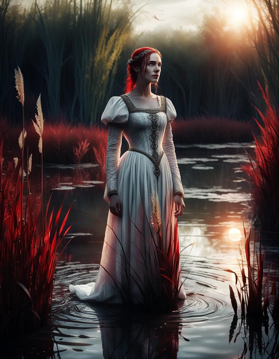 A young, pretty woman stands in the reeds on the edge of a d...