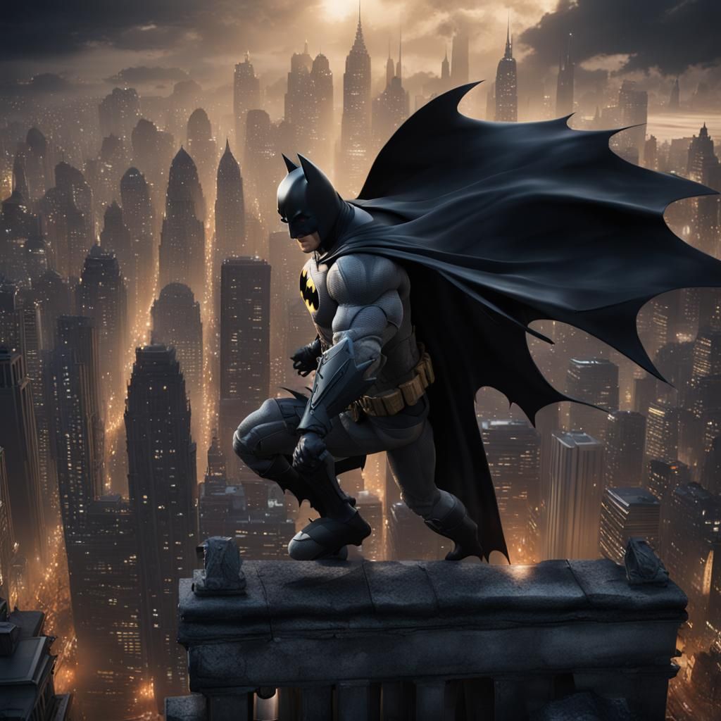 Hyper realistic Batman over Gotham city