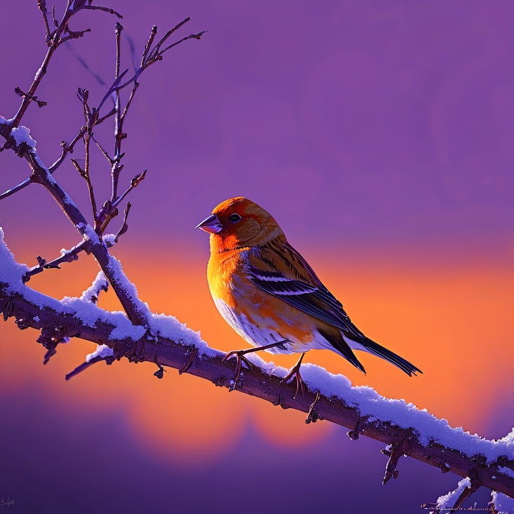 Orange finch illuminated on a winter branch  by @Andy Does AI