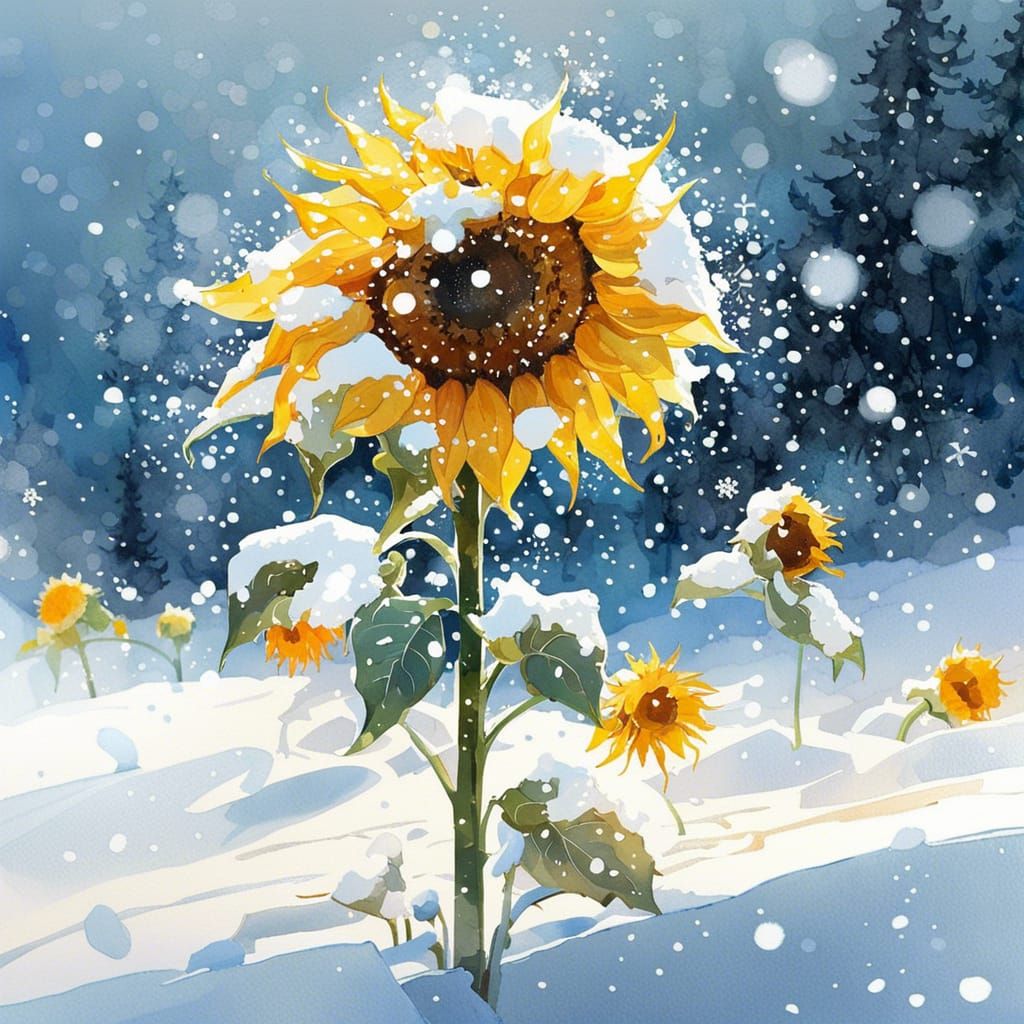 Sunflowers in snow  by @Dobiki
