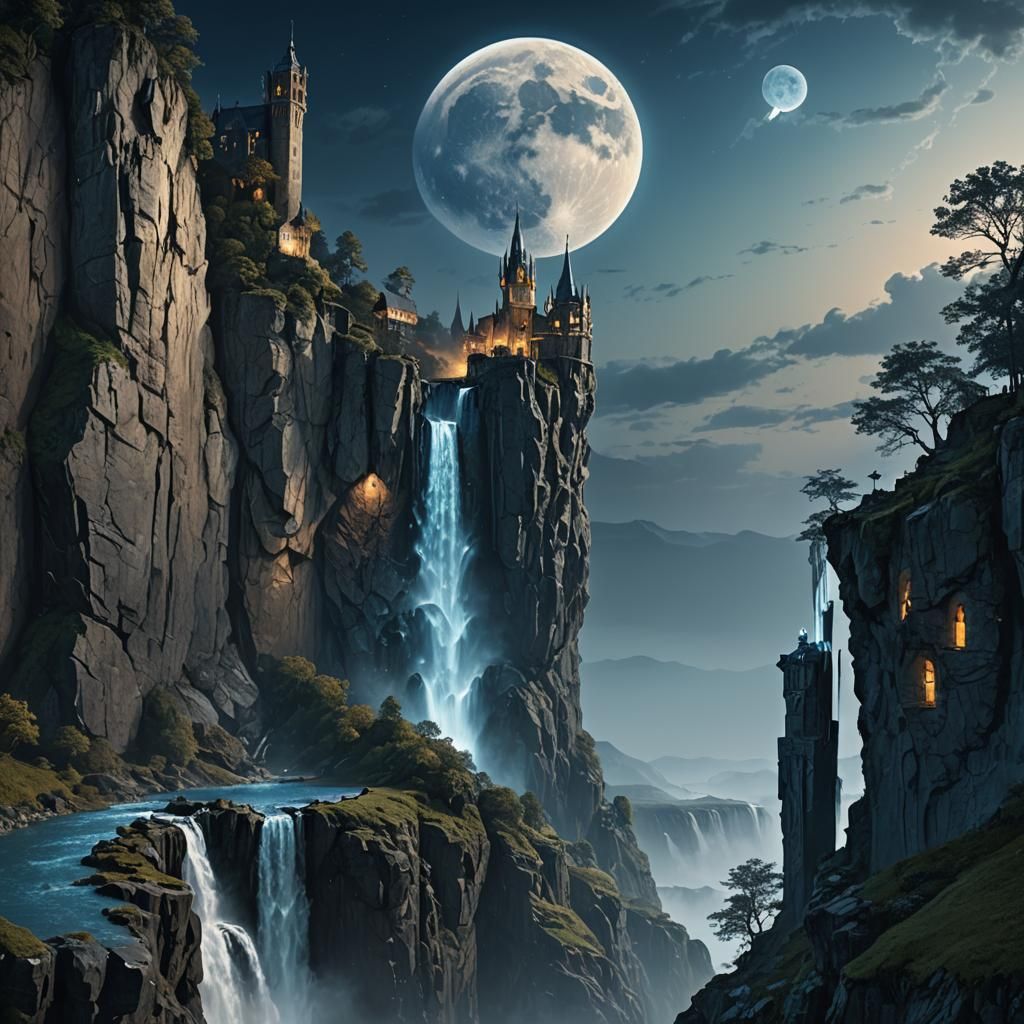 A European-style tower stands on the brink of a cliff.