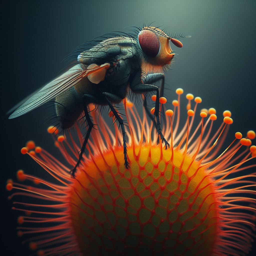 a fly sitting on an orange carnivorous plant