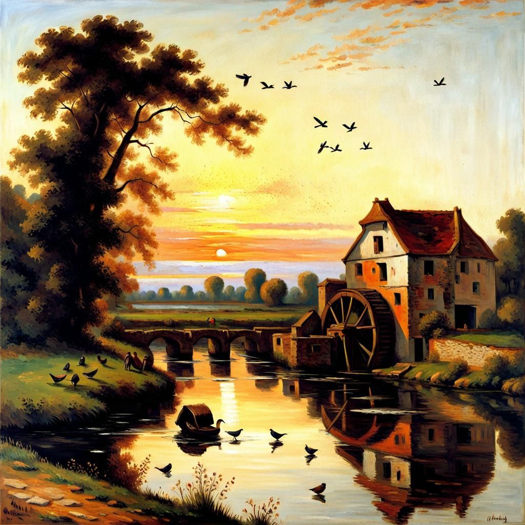 Watermill, river, sunrise, birds, Courbet  by @Crystal