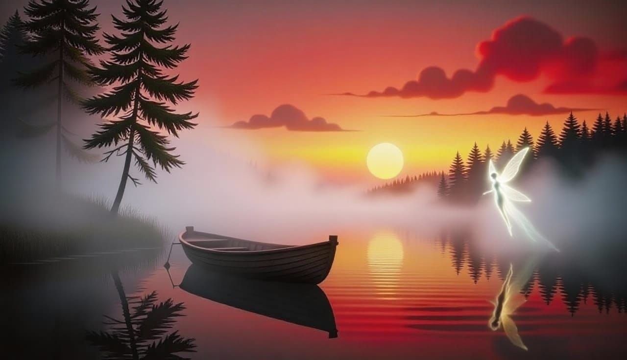 A small moored boat on a nightly lake