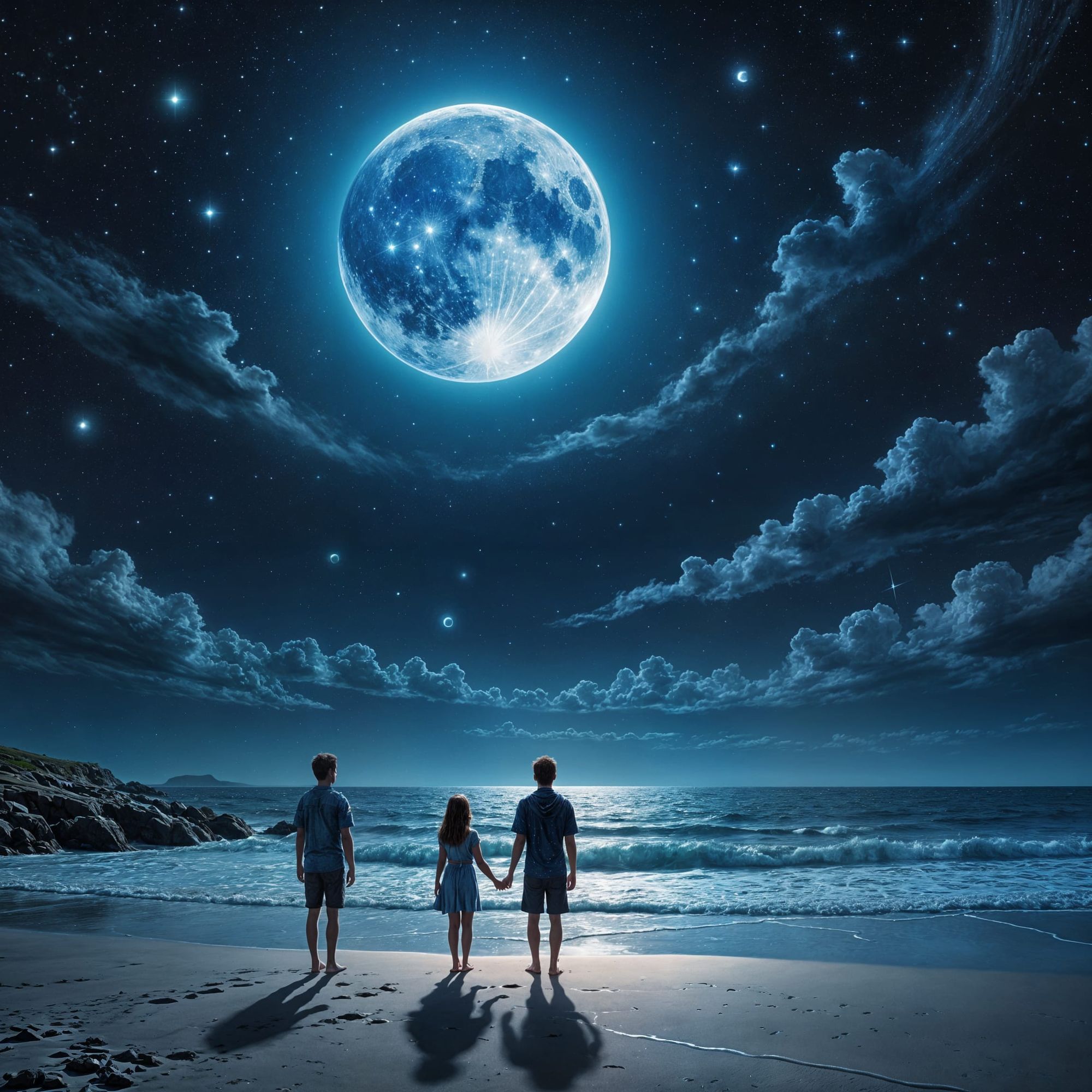 There is an indigo night sky full of stars and huge full moon with colorful royal blue cosmic clouds and stars.  There is one boy and one gi...