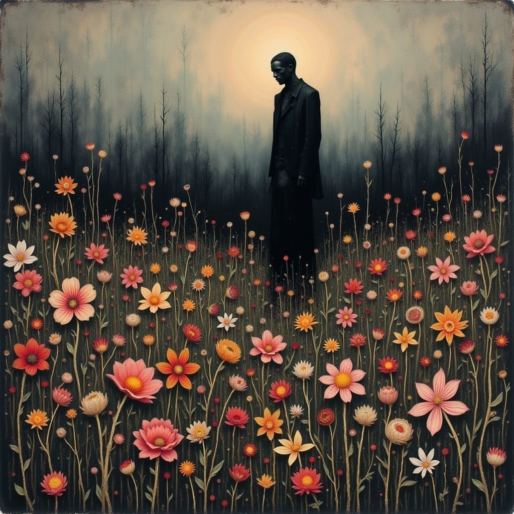 A DEAD garden with flowers in (full DECAY:1.5) under a STORMFRONT, Caspar David Friedrich, Carne Griffiths ...  by @AnC