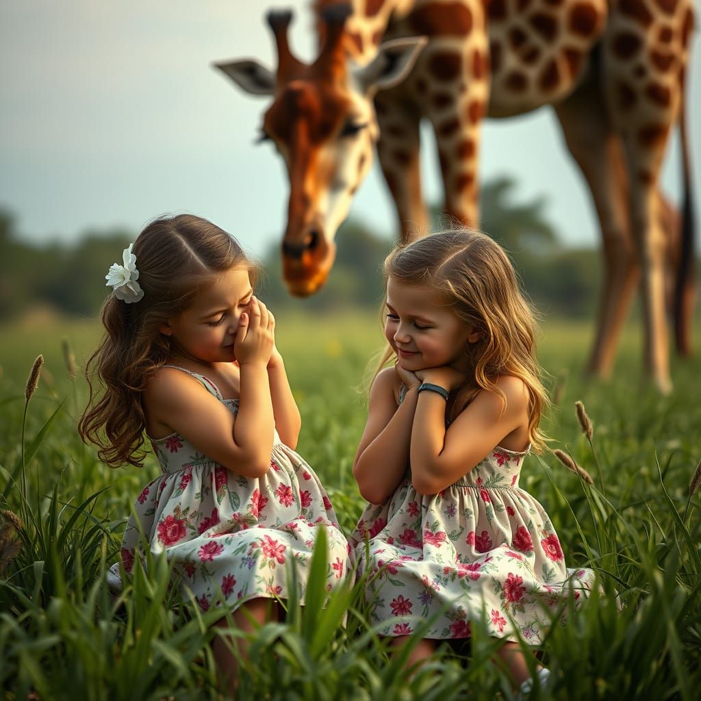 Girls Embrace in Field with Giraffe, Cinematic Style