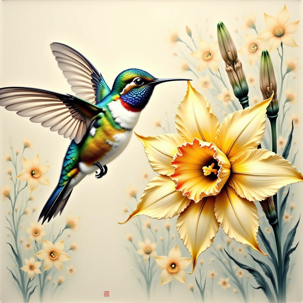 <lora:Mixing It Up:1.0> wet on wet wet ink on silk Japanese ink wash hummingbird and a beautiful daffodil hyper detailed intricate hyper rea...
