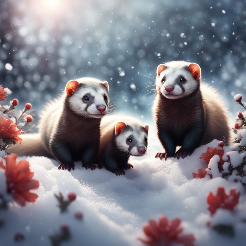 ferrets watching a flower coming up in the snow with snowfla...