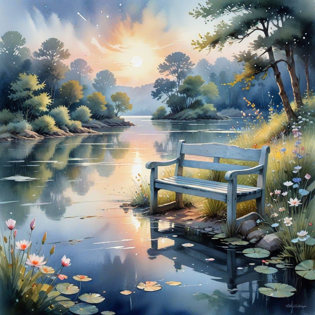 Moonlit Lakeshore: Whimsical Waterside Bench at Twilight