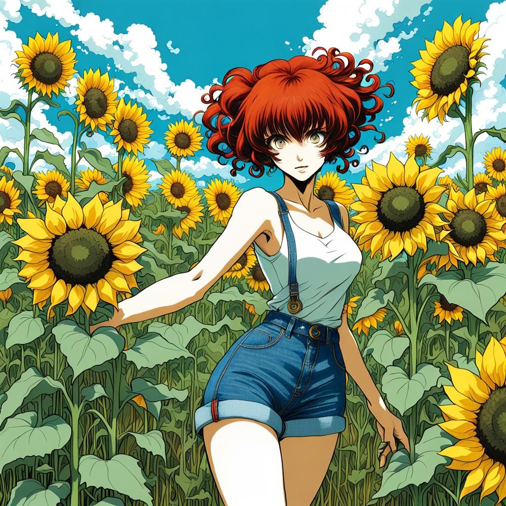 Noon, in the field of sunflowers.