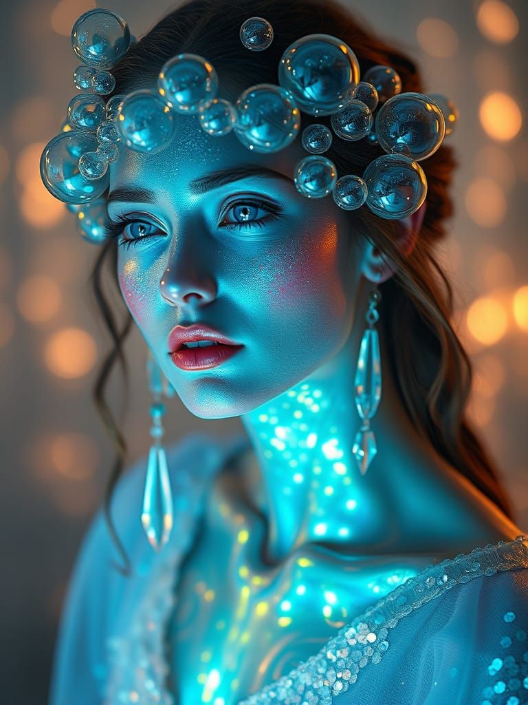 a portrait of a woman made of bubbles. She is stunning with glistening skin and glowing blue eyes. Her ...  by @arya