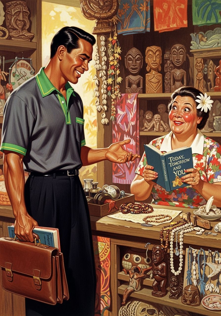 An pacific island salesman, in a dark grey polo with green trimming, with a briefcase. He is selling books to a shopkeep...