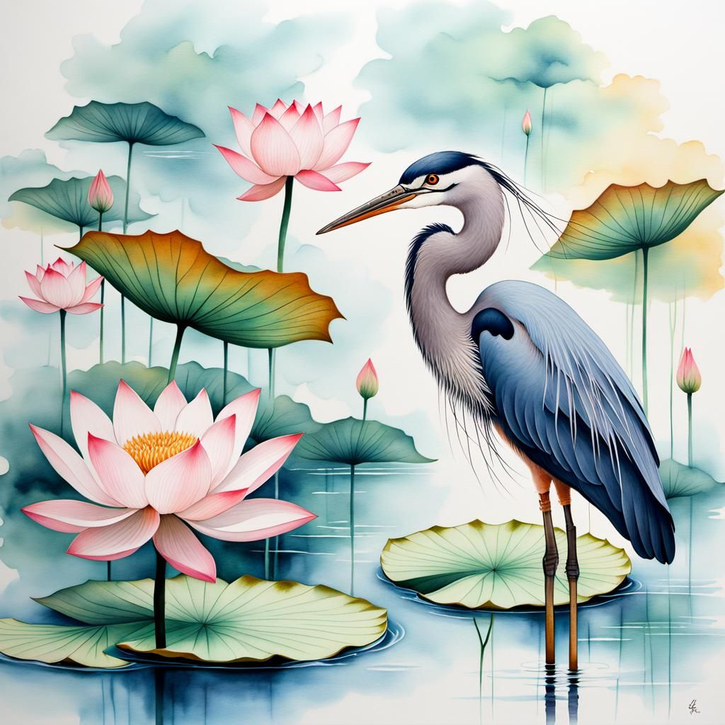 Lotus flowers and a Heron.  by @Joris