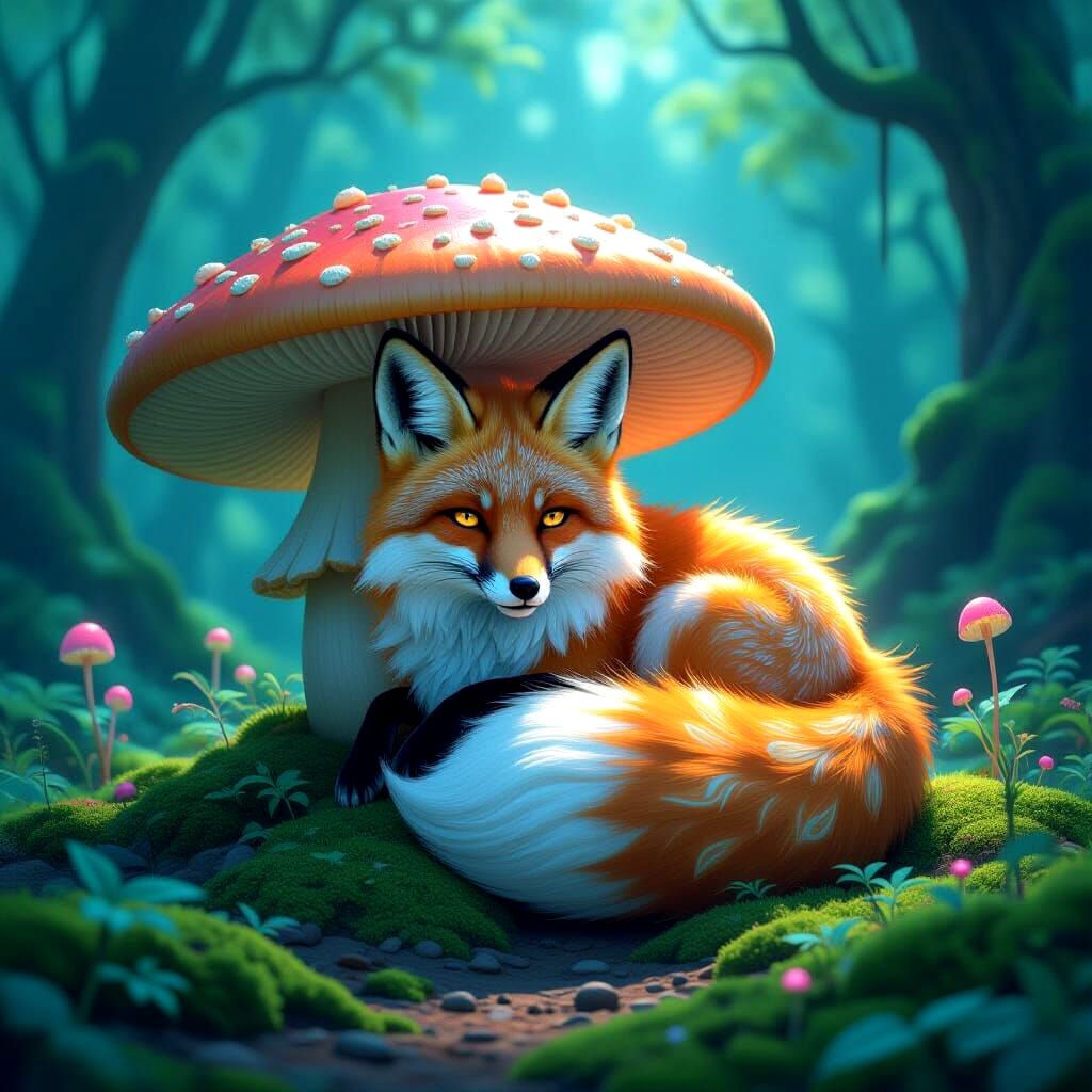 A whimsical, bioluminescent fox with intricate, glowing patterns on its fur, curled around a giant mushroom in a fantastical forest. The for...