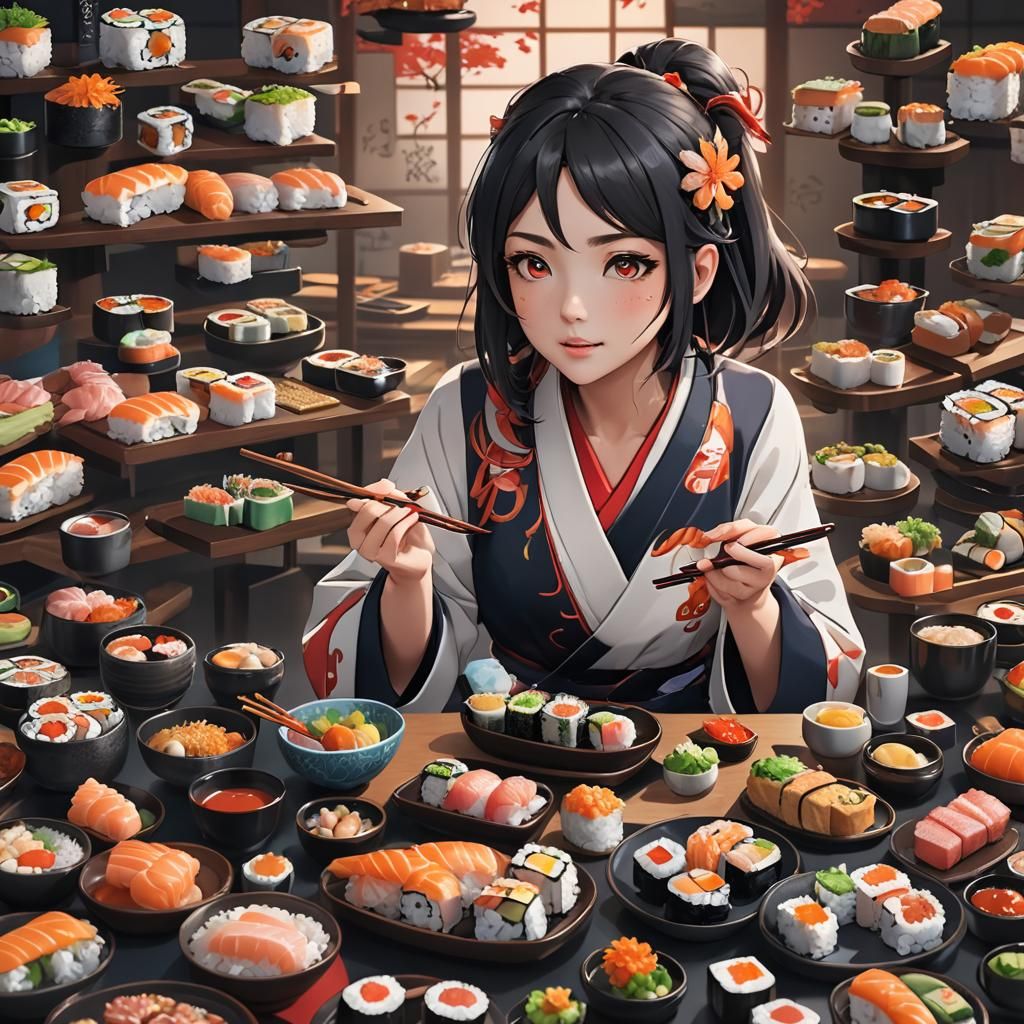초밥을 먹는 귀여운 애니메이션 소녀