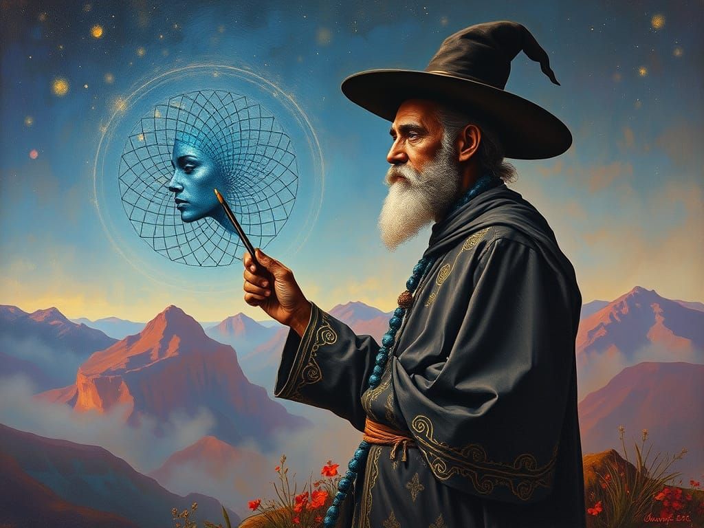 Mysterious Alchemist Contemplates Cosmic Patterns