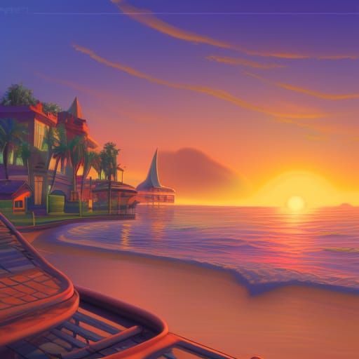 Sunset over the bay Pixar, Disney, concept art, 3d digital a...
