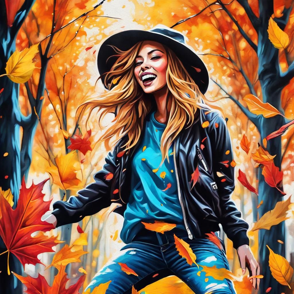 Beautiful lady dancing in fall leaves