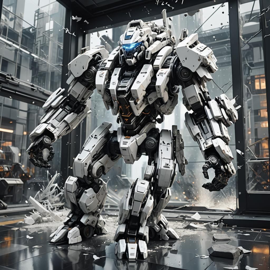 Awesome white mech crashing through a glass window