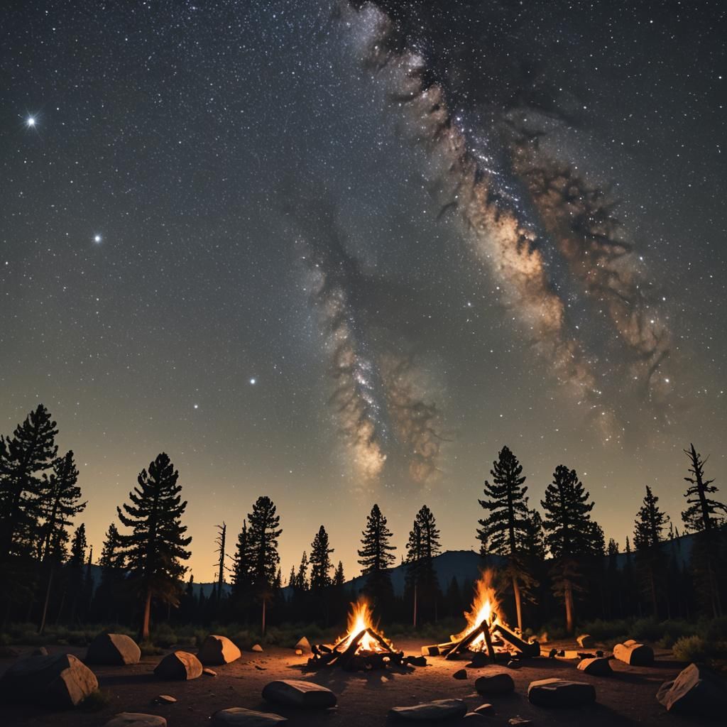 Under a star-studded sky, a solitary campfire flickers, cast...