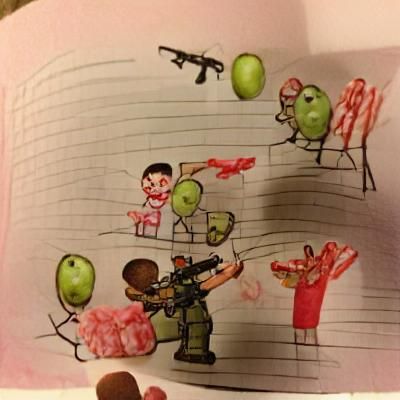 Soldiers pointing guns at a zombie eating cherries child's d...