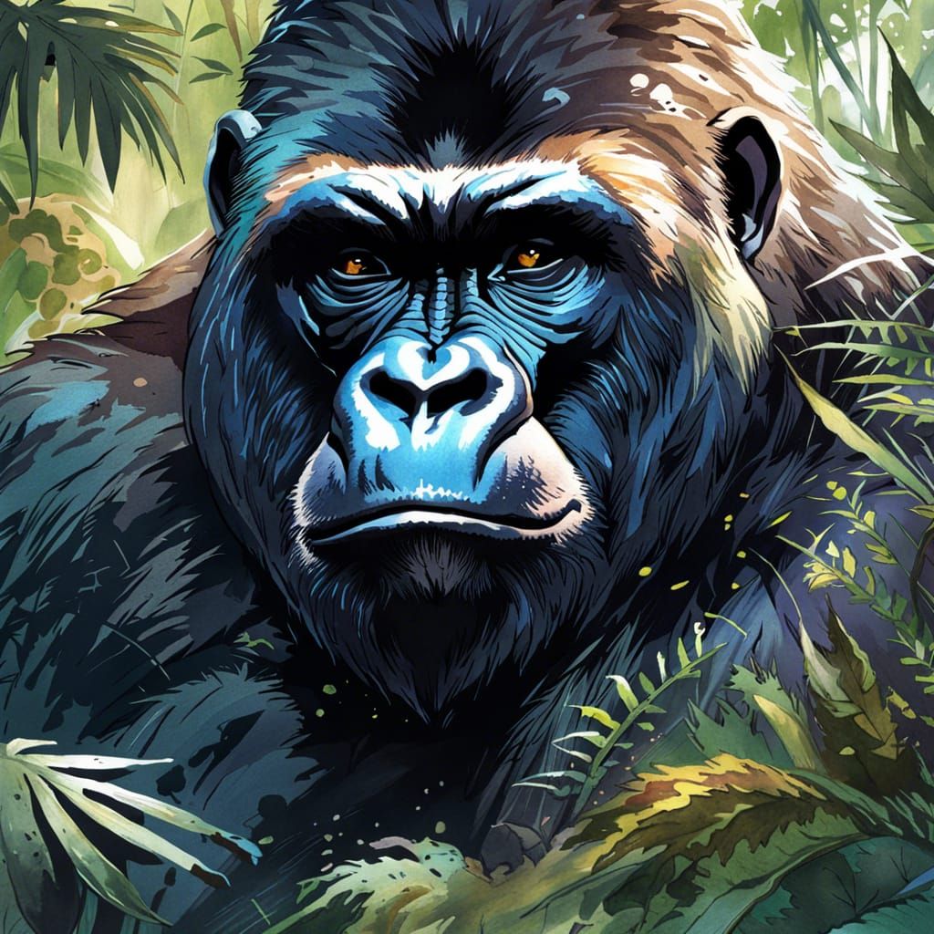 Detailed Jungle Gorilla in Watercolor Style